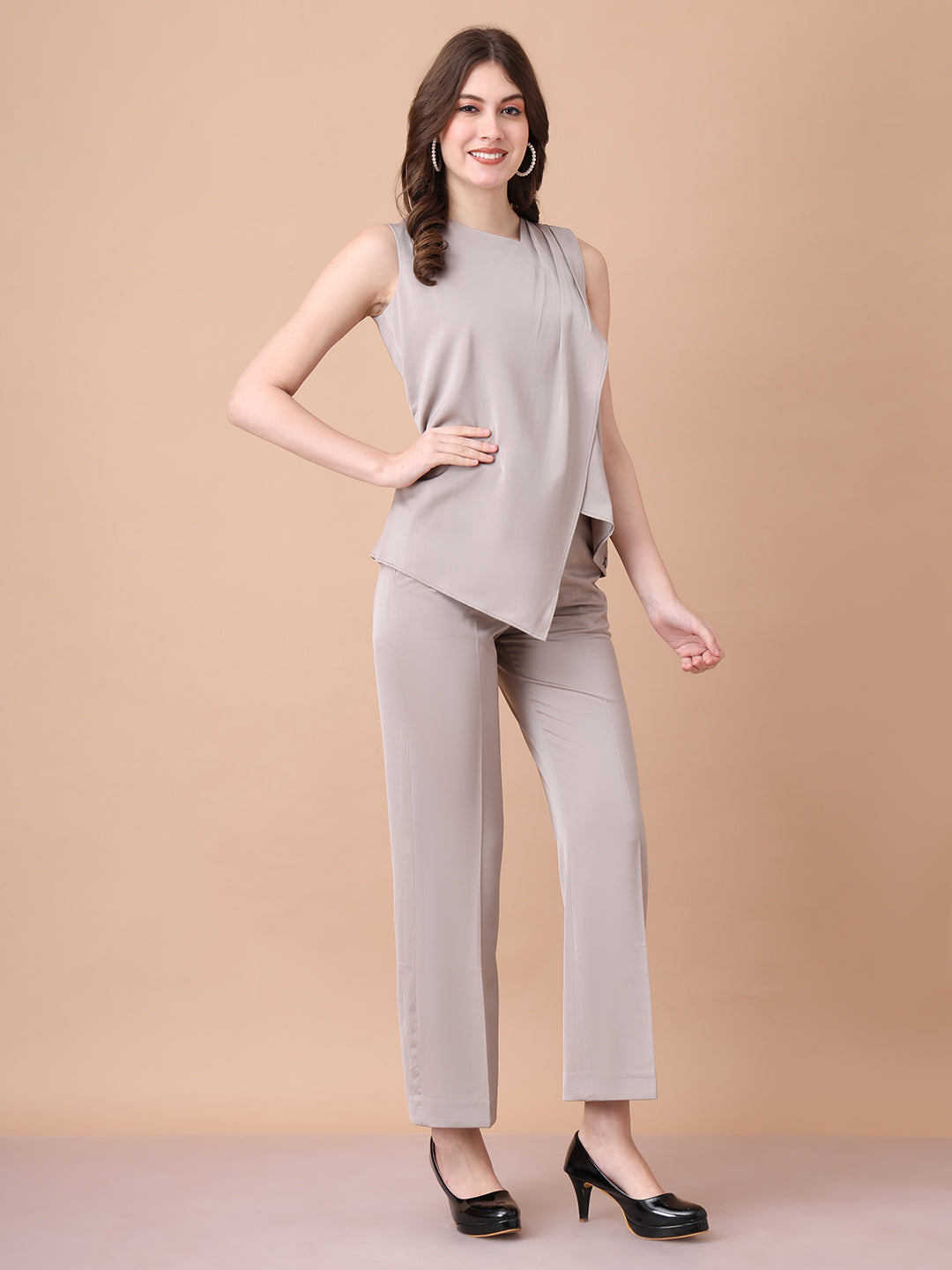 Exude Unbreakable Soft Matt Satin Overlay Sleeveless Top Paired With Straight Fit Trousers Light Beige Co-ord Sets
