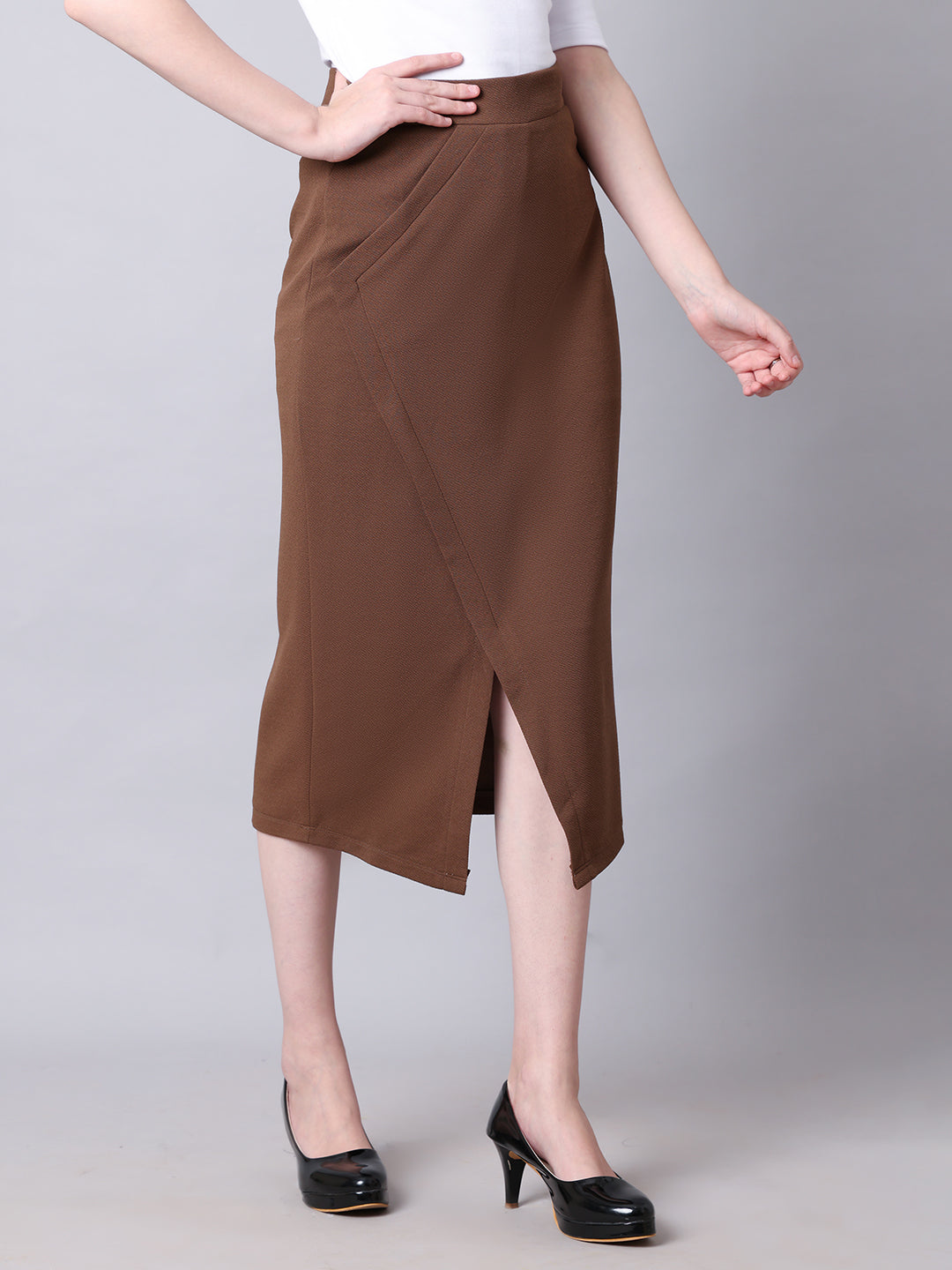 Exude Euphoria Pencil Midi Skirt with Front Slit Coffee Skirt