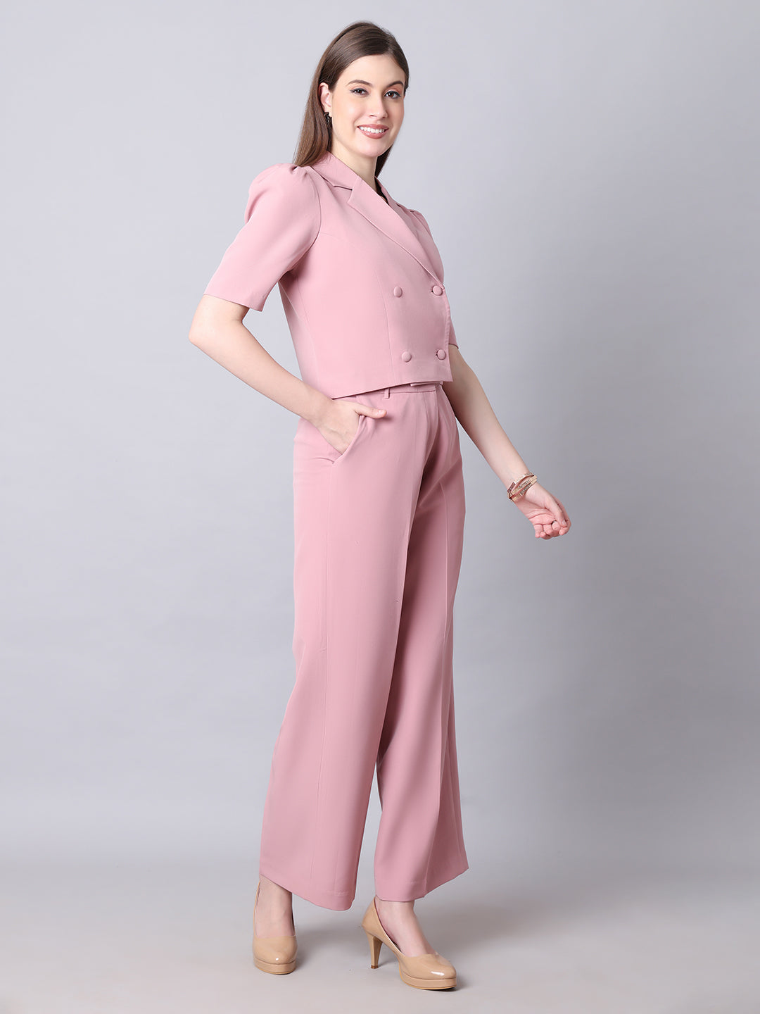 Exude Fierce & Fabulous Crop Blazer and Wide Leg Trousers Pink Trousers