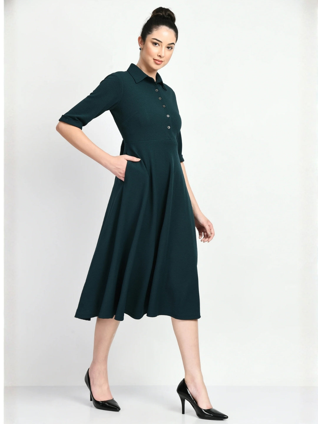 Exude Serenity Fit and Flared Shirt Midi Dress Emerald Green Dresses
