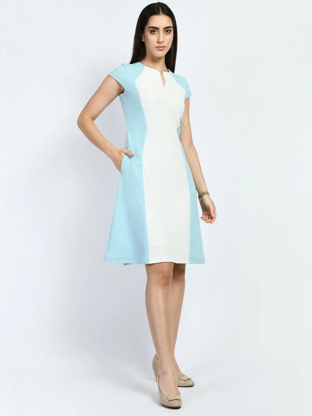 Exude Awe Colour-blocked Sculpt A-line Dress Sky Blue Dresses