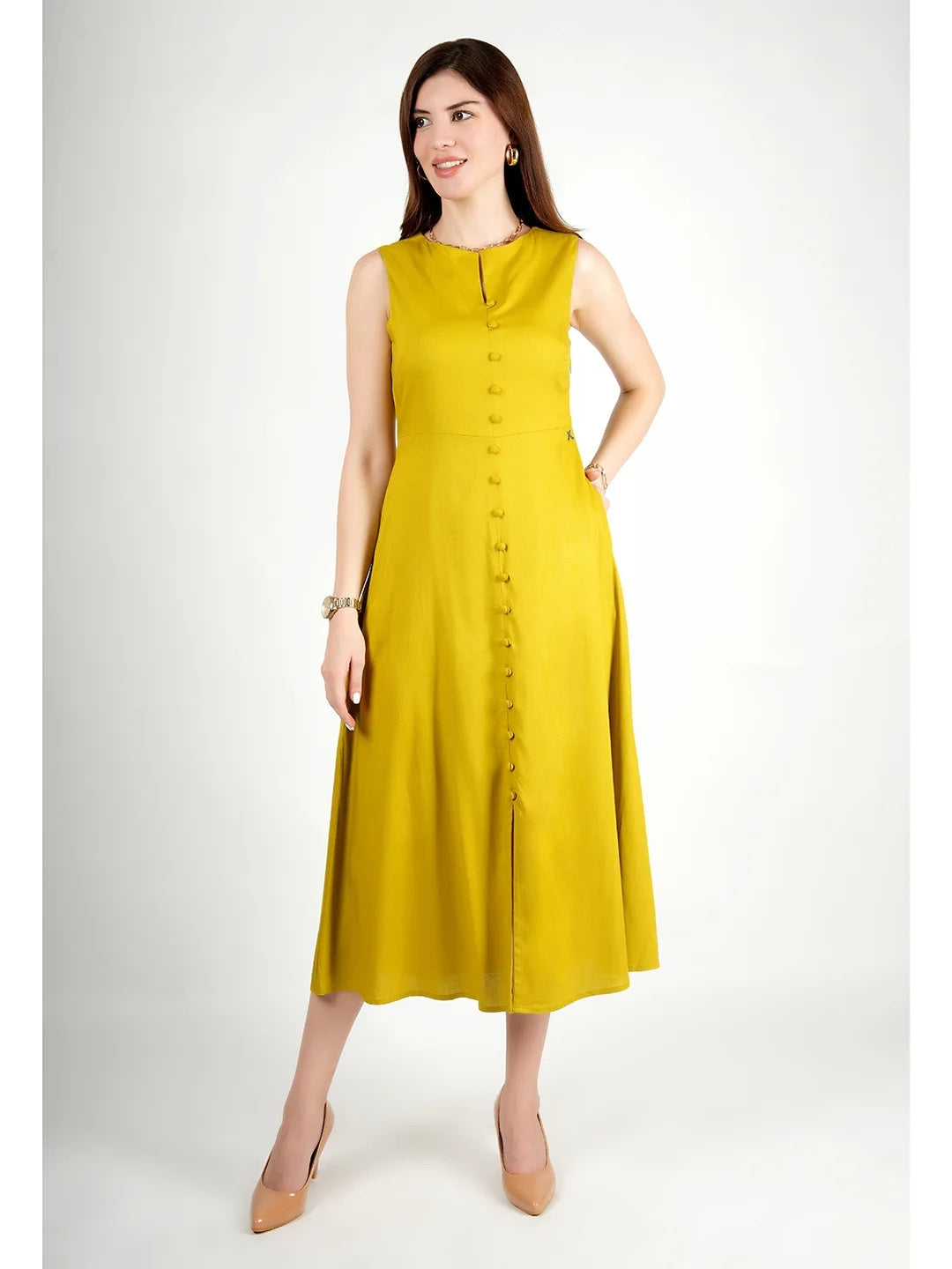 Exude Glowing Front Button Dress With Pockets Lime Green Dresses