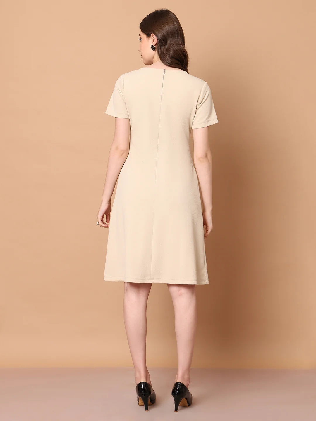 Exude Celebration A-line Zip Dress With Pockets Beige Dresses
