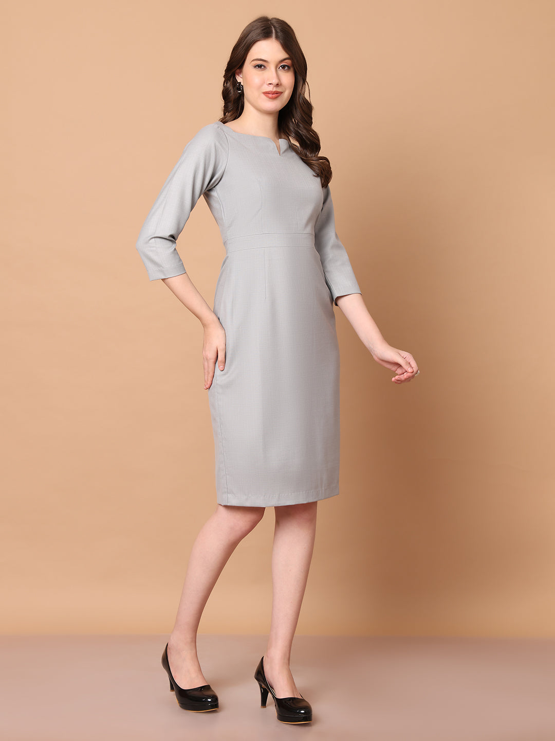 Exude Mystique Moments Suiting Fabric Square Neckline dress Grey Dresses