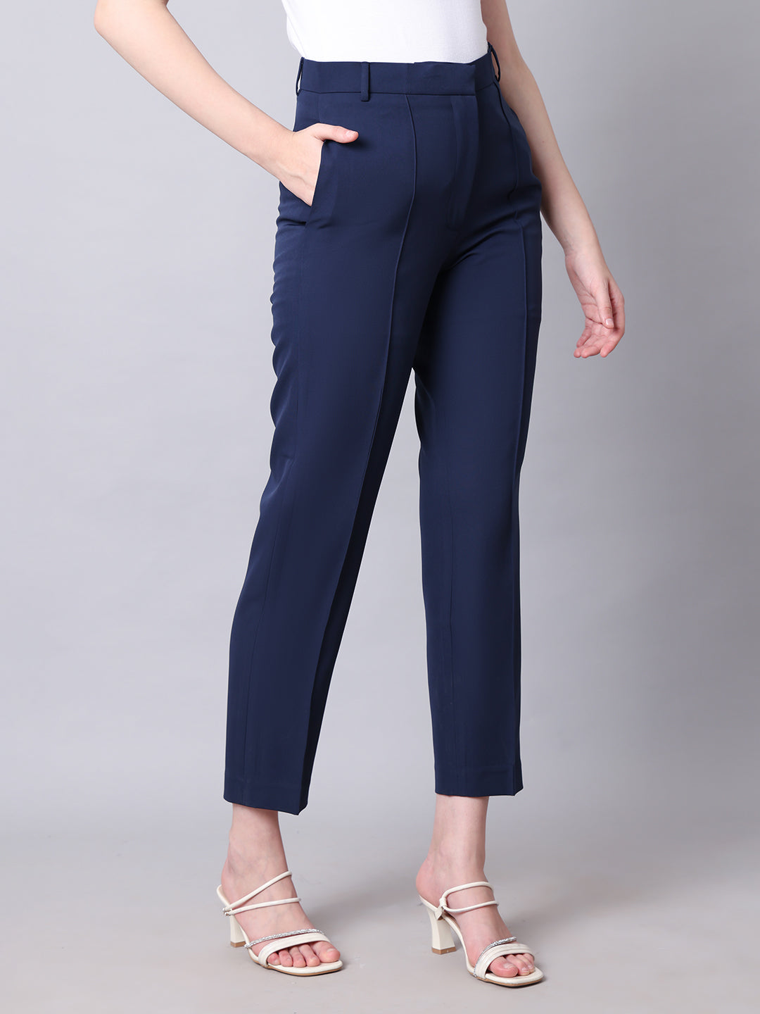 Exude Timeless Threads Straight Fit Trousers with Pockets Navy Trousers