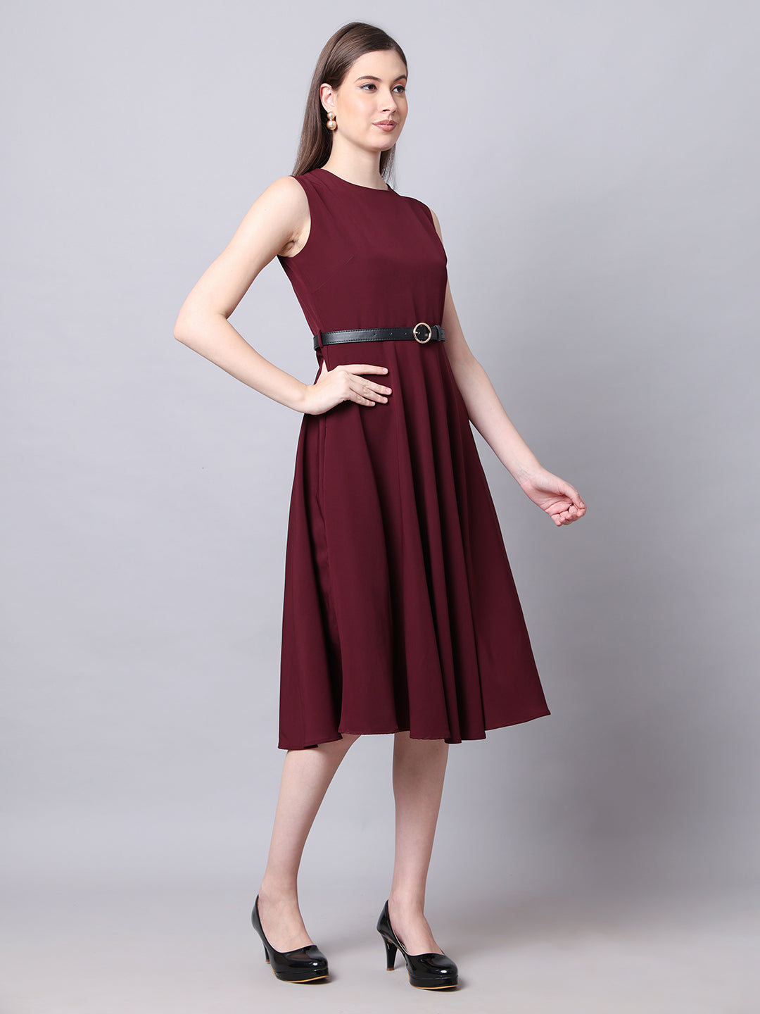 Exude Warmth Fit & Flare Dress with Belt Wine Dresses