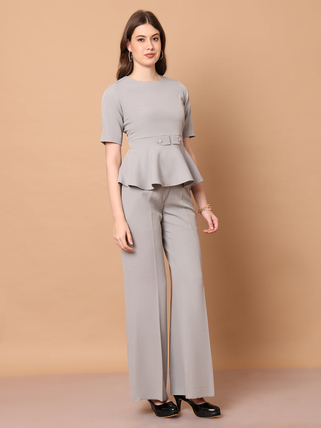 Exude Rise & Roar A-Line Top with Waist Detail, Paired With Matching Bootcut Trouser Grey Co-ord Sets