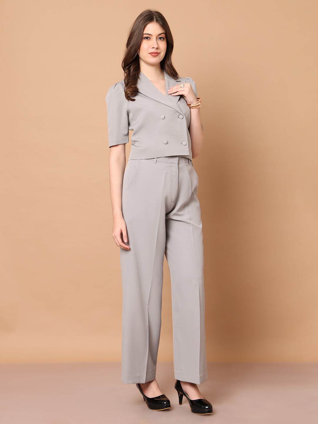 Exude Daring Dreams Crop Blazer with Wide Leg Trouser Grey Blazers