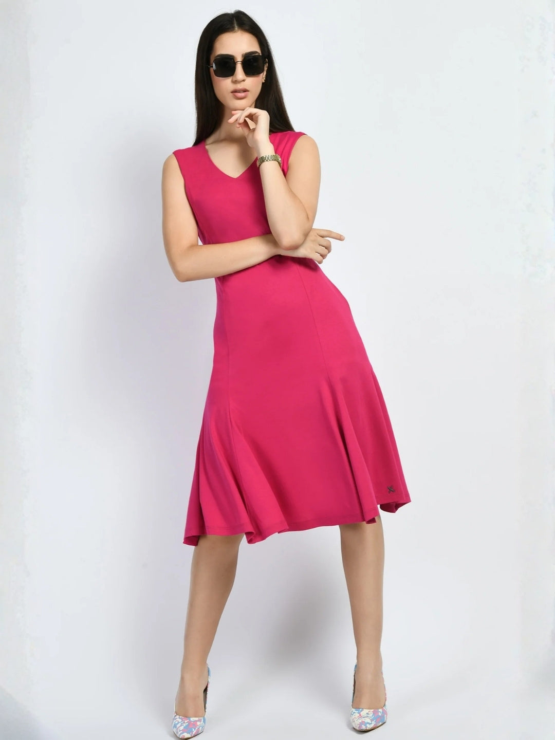 Exude Appeal Flared V-neck Dress Hot Pink Dresses