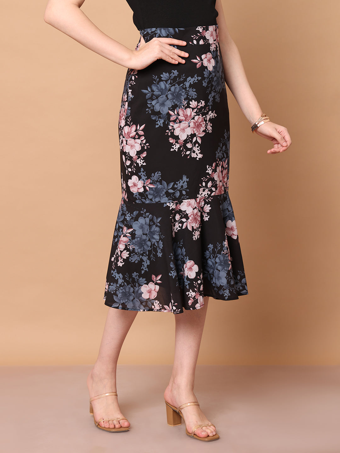 Exude Radiant Reflections Floral Midi Skirt Skirts