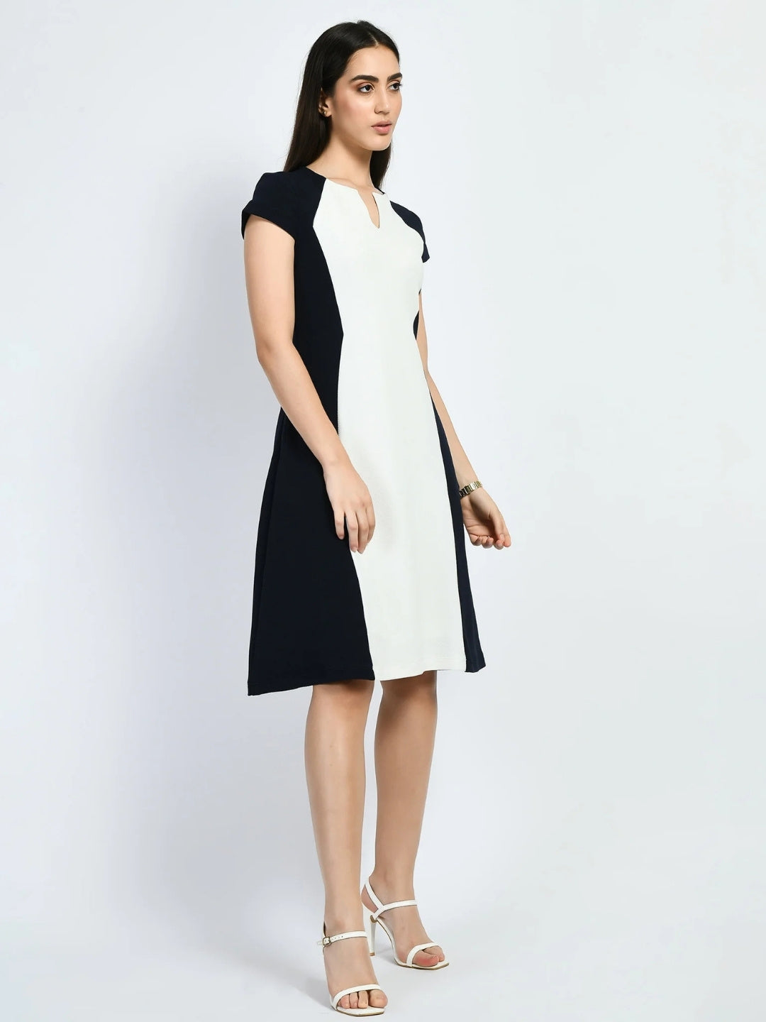 Exude Awe Colour-blocked Sculpt A-line Dress Navy Dresses