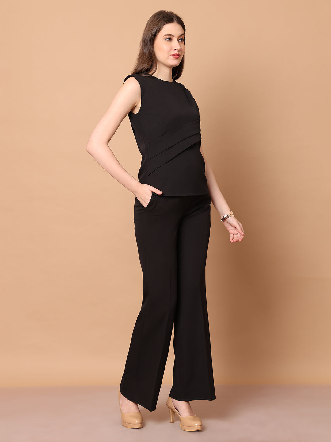 Exude Mystique Moments Shoulder and Side Pleat Top Black Tops