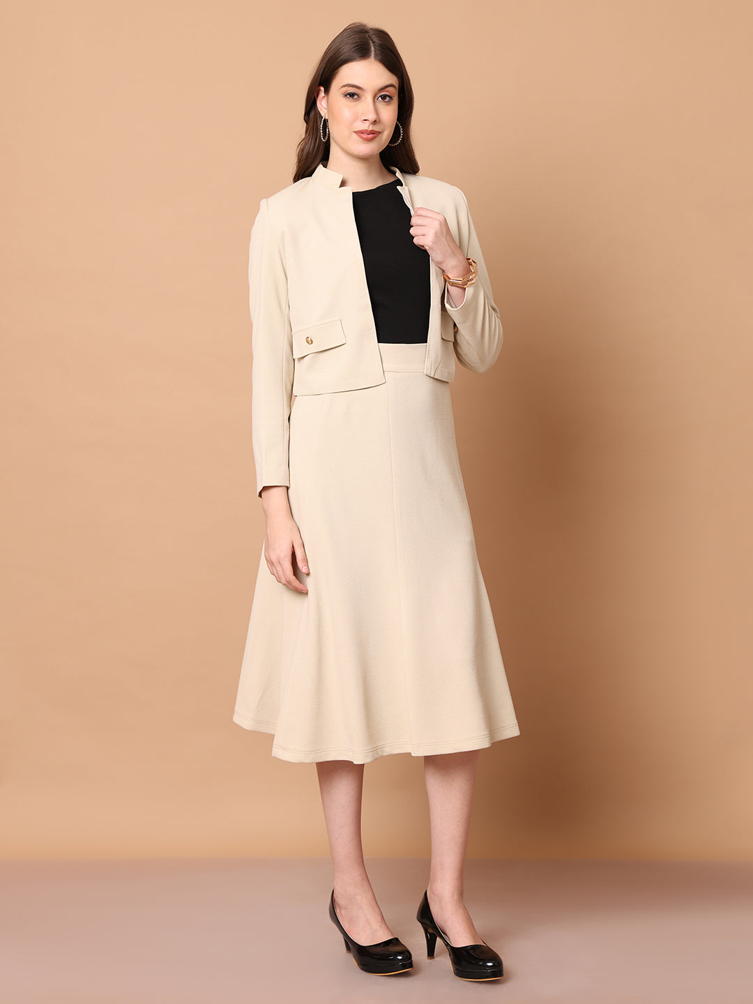 Exude Triumph Mandarin Collar Crop Blazer Beige Blazers