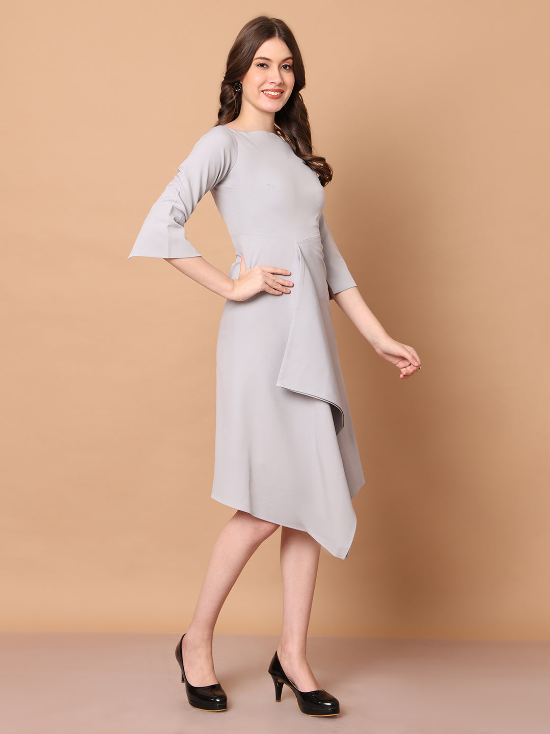 Exude Sunlit Drape Dress With Sleeves Grey Dresses