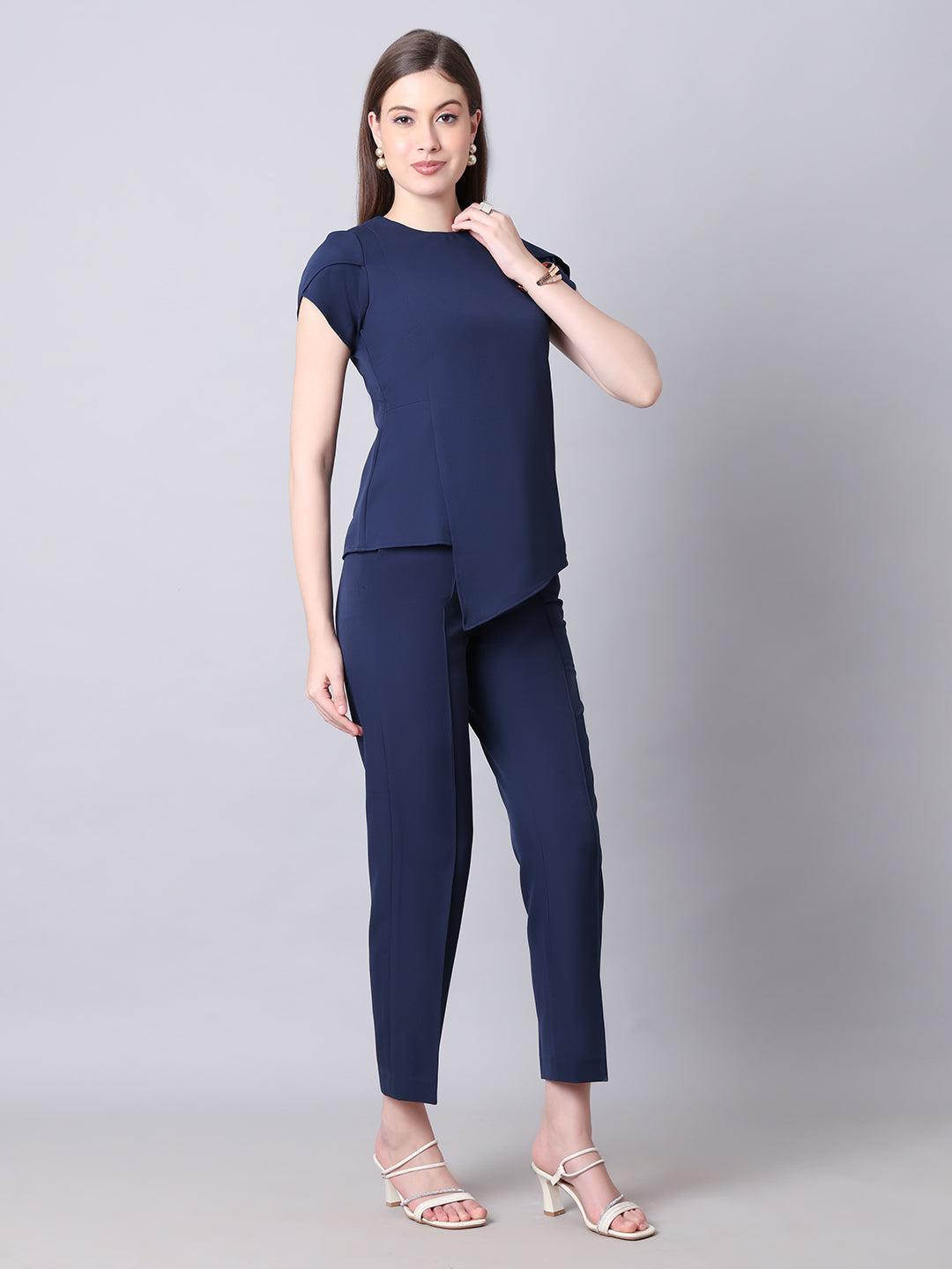 Exude Iconic Asymetrical Top with Straight Fit Trouser Co-ord Navy Co-ord Sets