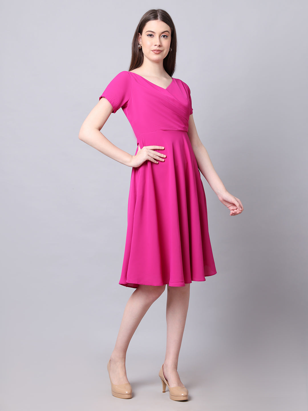 Exude Intrepid V-Neck Front Pleat Dress with Pockets Fuchsia Dresses