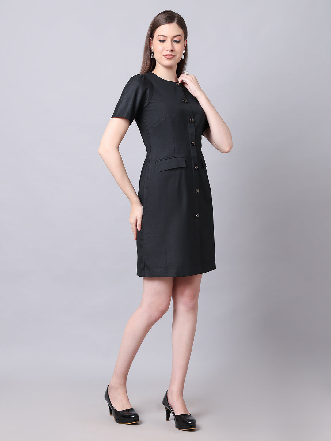 Exude Chic Revolution Suiting Fabric Front Button Shift Dress Black Dresses