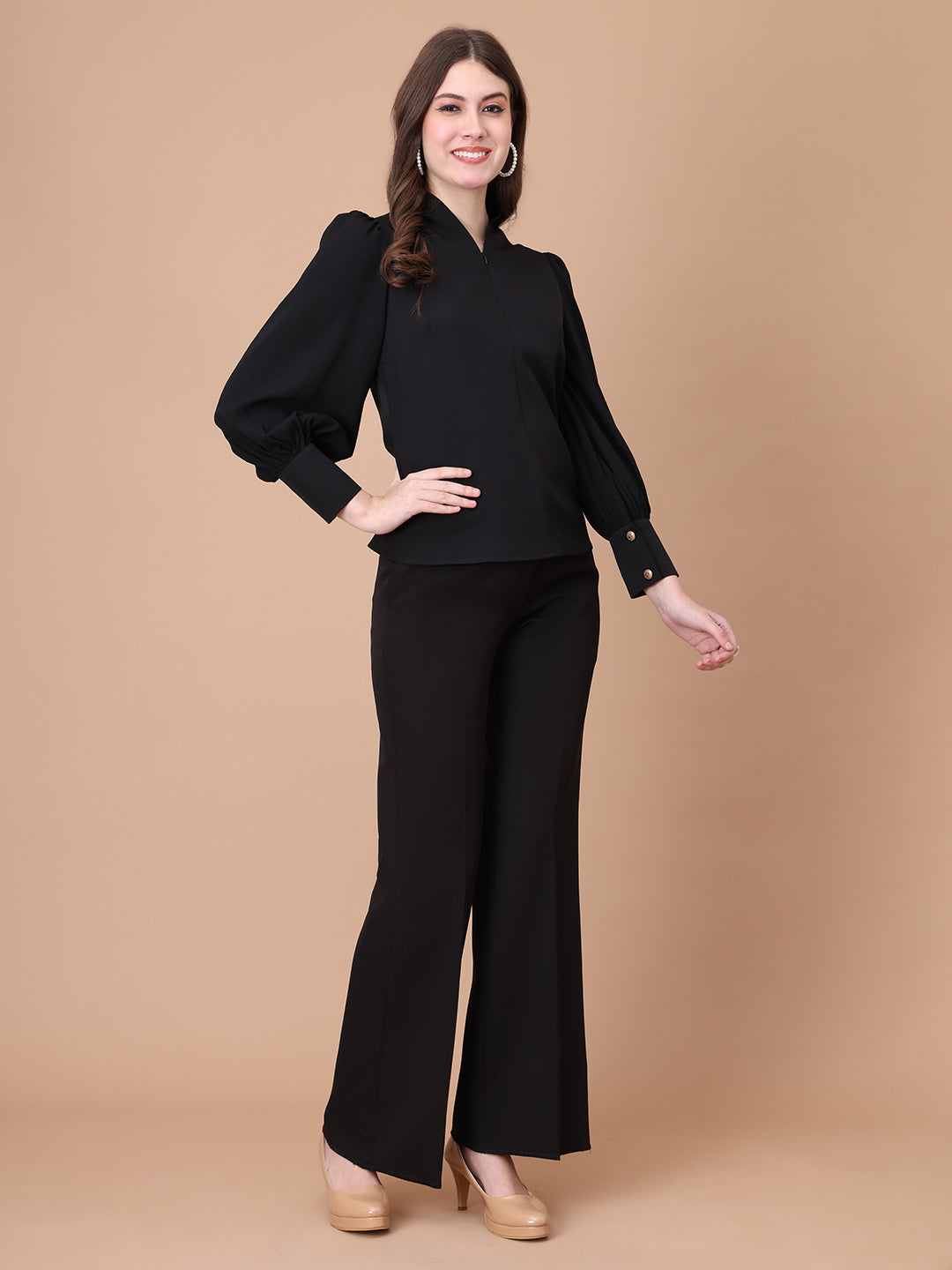 Exude Whimsical Wonders Dramatic Puff Sleeve Top with Front Zip Black Tops