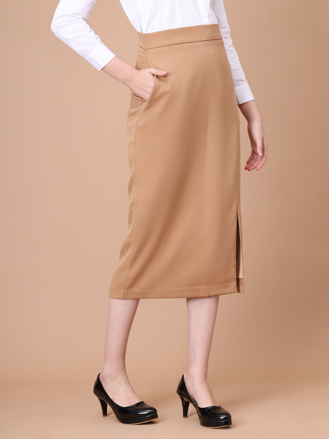 Exude Unstoppable Grace Midi Skirt With Front Slit Beige Skirt