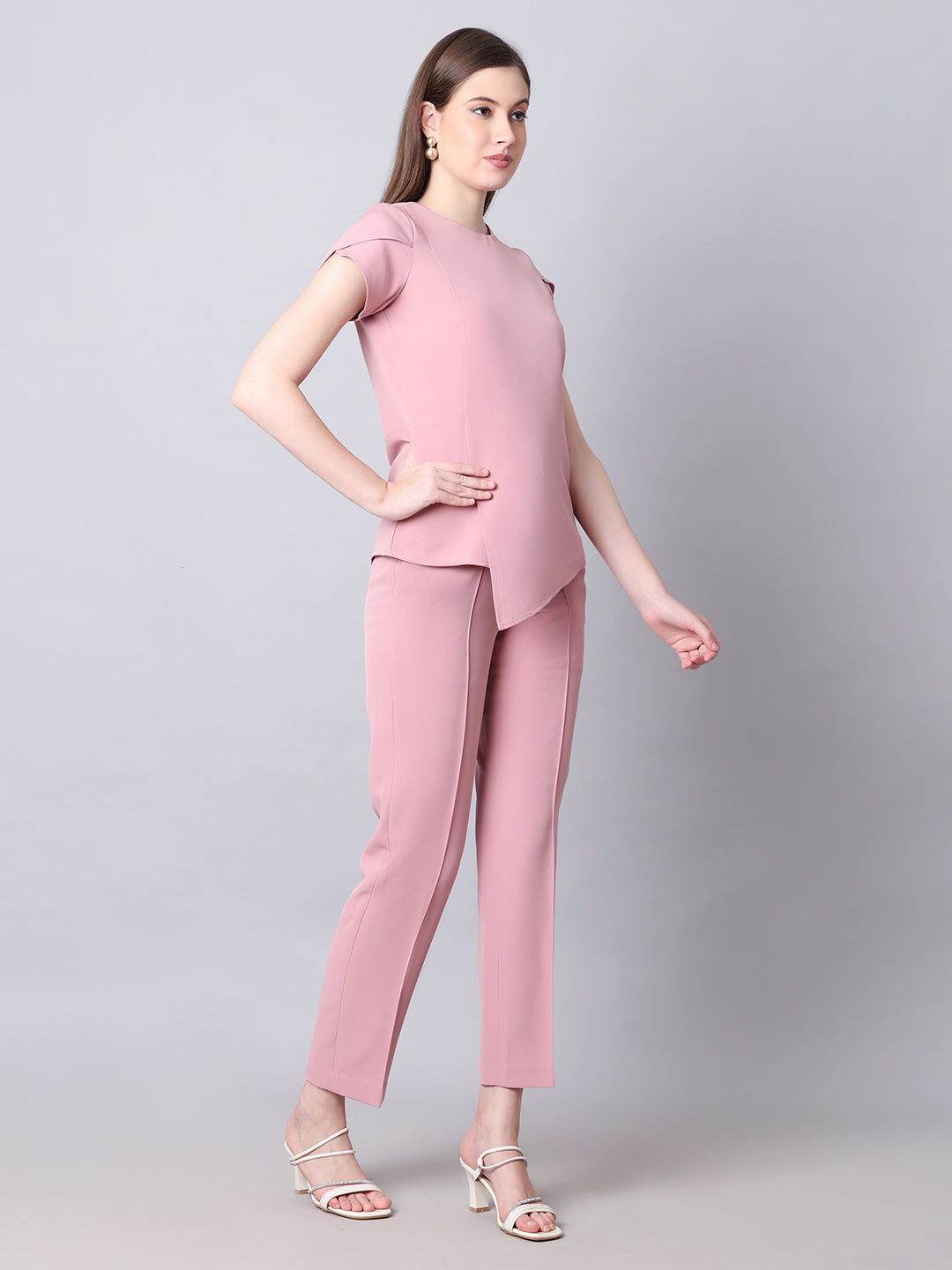 Exude Iconic Asymetrical Top with Straight Fit Trouser Co-ord Dusty Pink Co-ord Sets