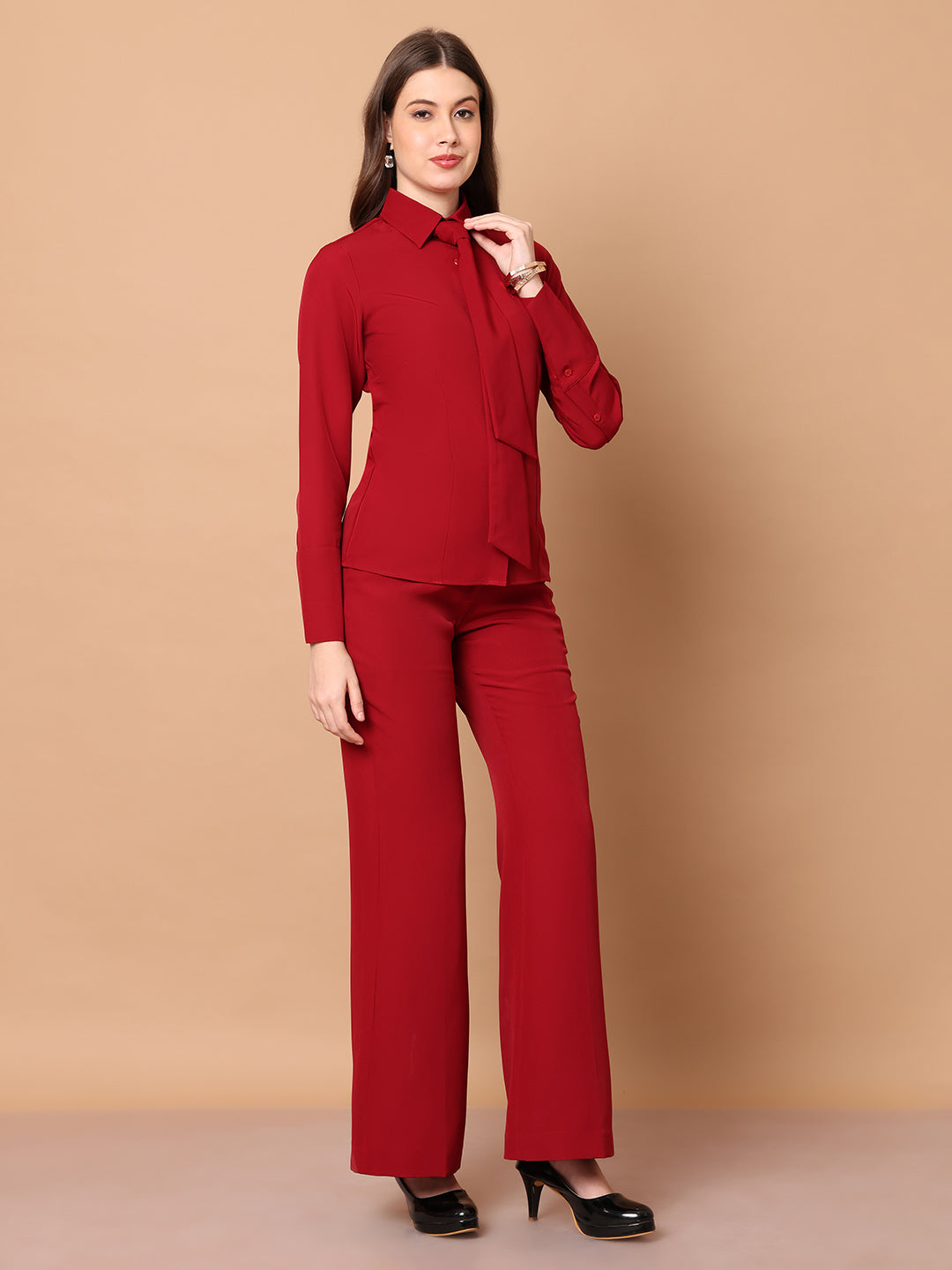 Exude Reign Supreme Shirt with Tie Paired with Matching Bootcut Trouser Red Co-ord Sets