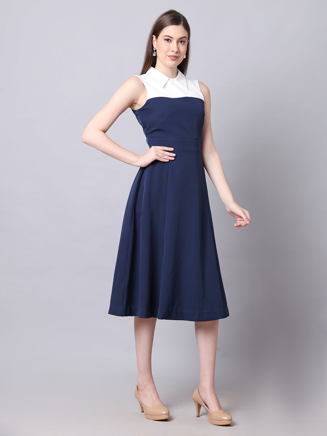 Exude Bronzed Color Block Dress With Collar Navy Dresses