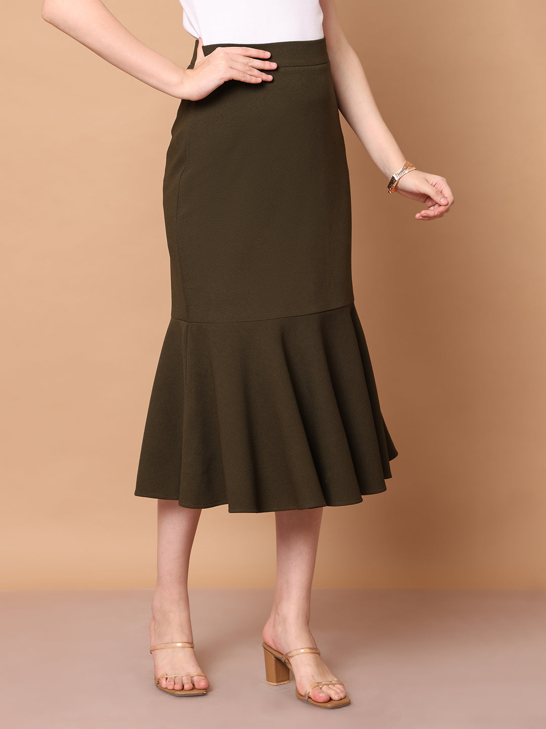 Exude Wanderlust Wardrobe, Fishtail Midi Skirt Olive 