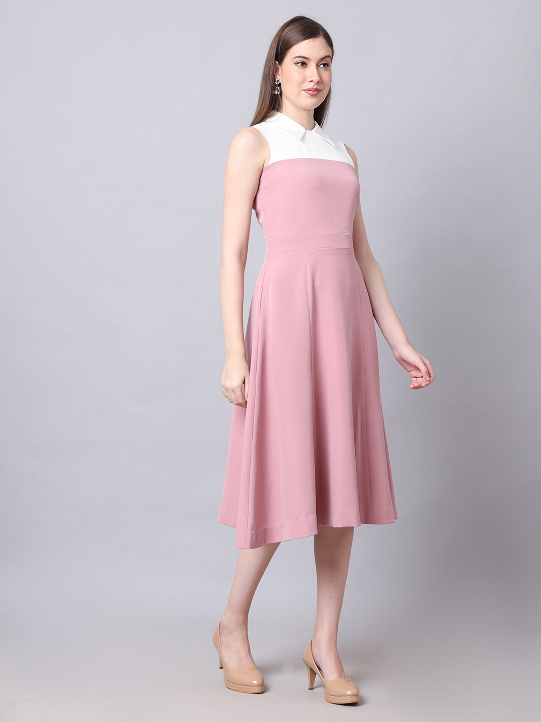 Exude Bronzed Color Block Dress With Collar Blush Pink Dresses