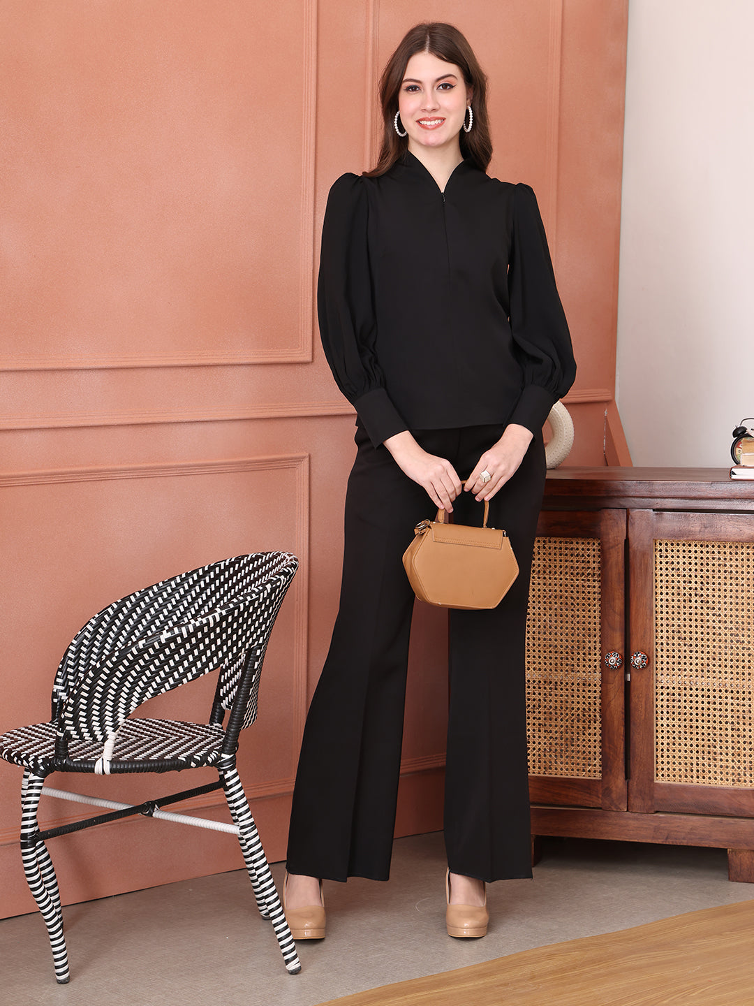 Exude Whimsical Wonders Dramatic Puff Sleeve Top with Front Zip Black Tops