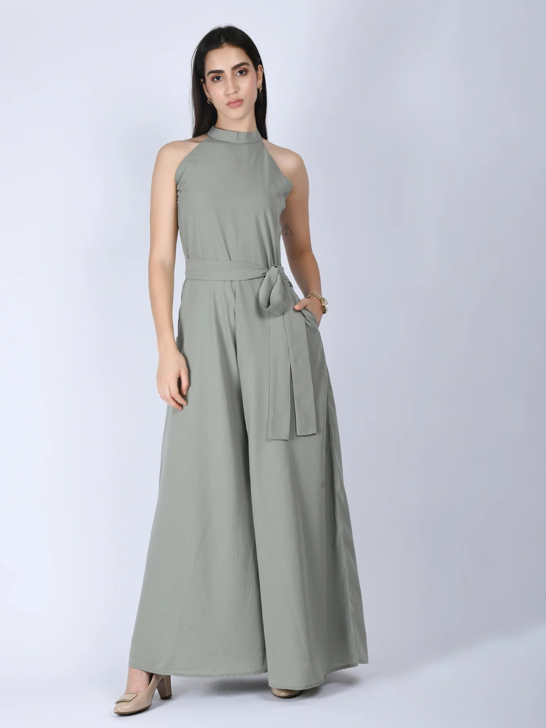 Exude Splendidness Extra Wide-Leg Jumpsuit Pista Green Jumpsuits