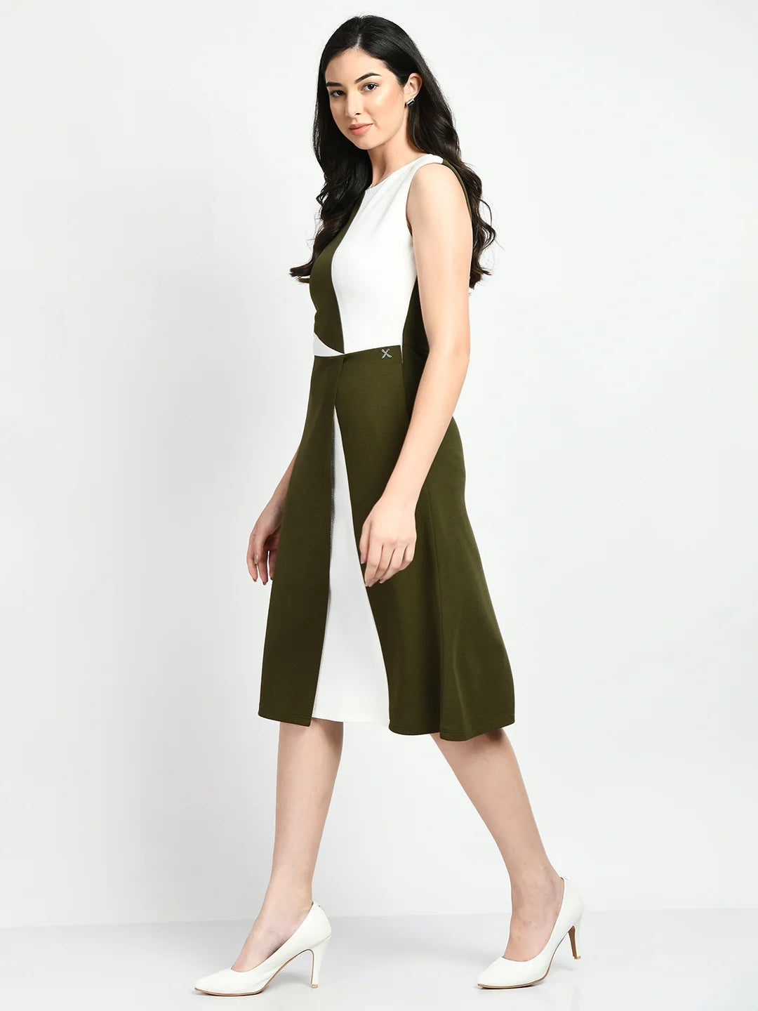 Exude Elegance Colour Blocked A-line Wrap Dress Olive + White Dresses
