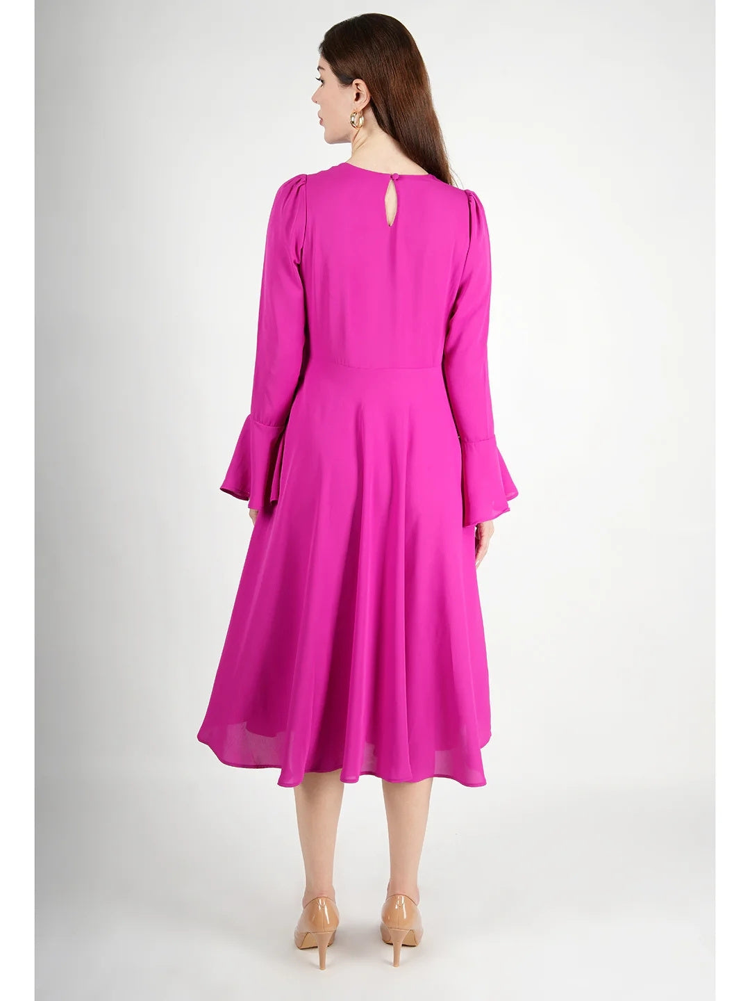 Exude Gleaming Fit & Flare Dress with Long Sleeves Rosy Pink Dresses