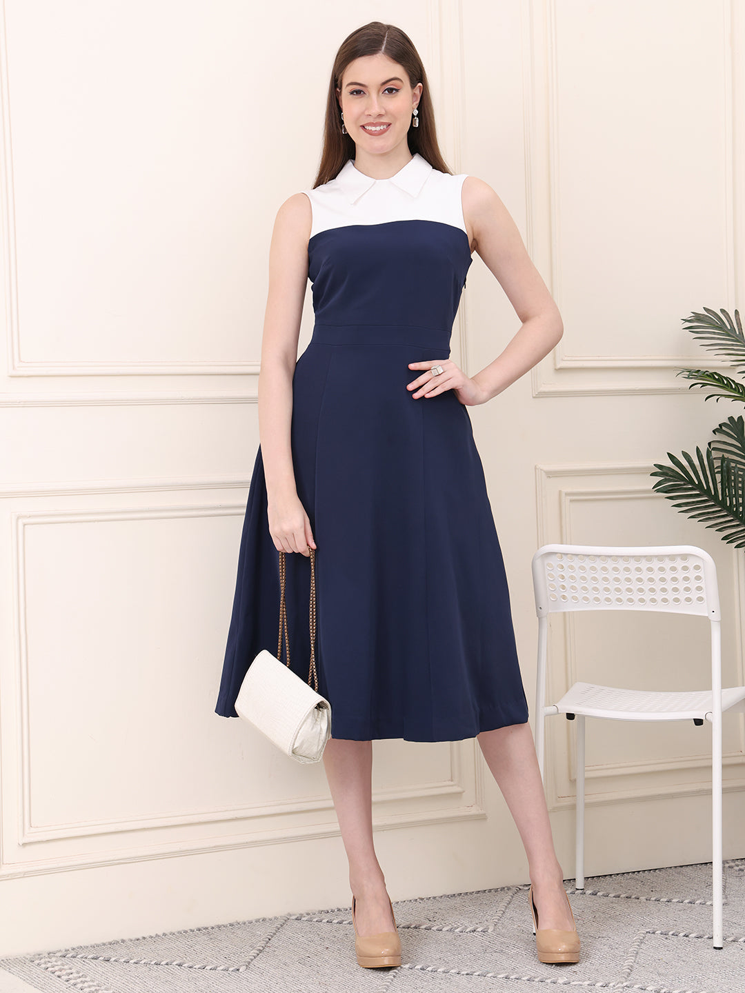 Exude Bronzed Color Block Dress With Collar Navy Dresses
