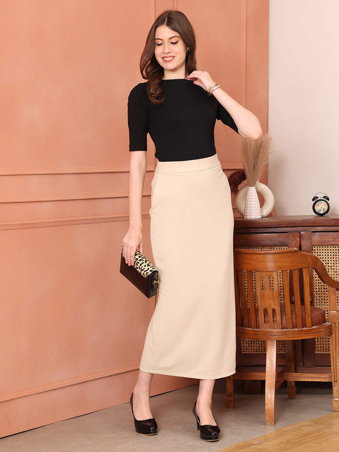 Exude Statement Piece Long Black Skirt with Side Slit Beige 
