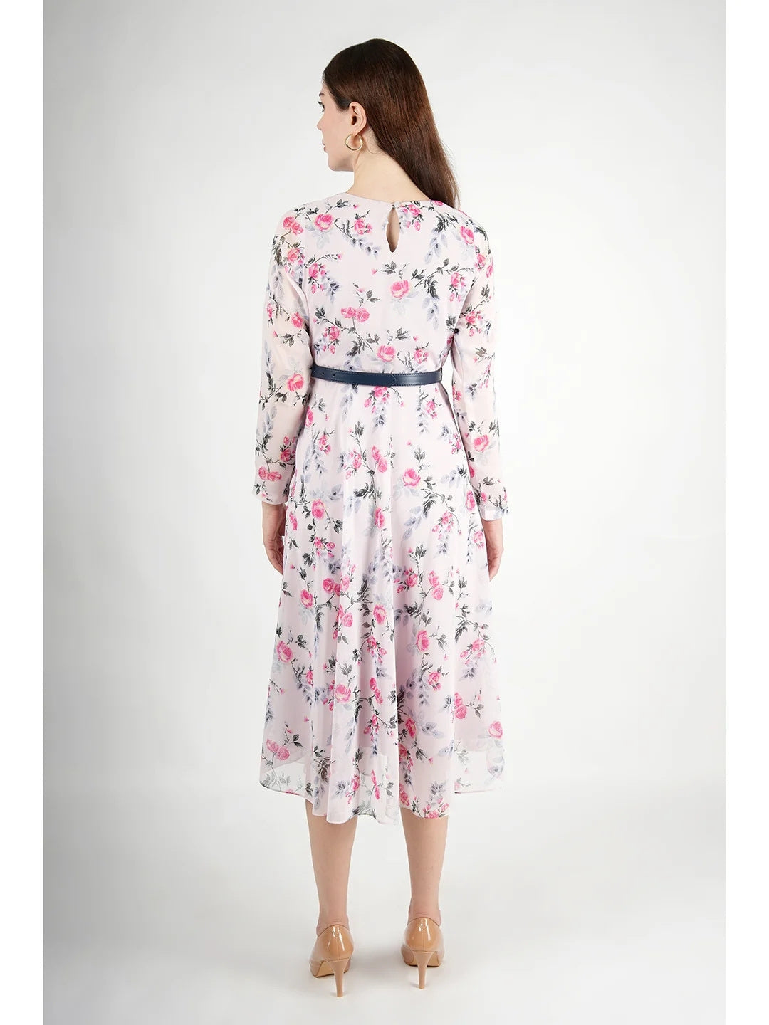 Exude Sunshine A-Line Georgette Dress with Belt Pink Dresses