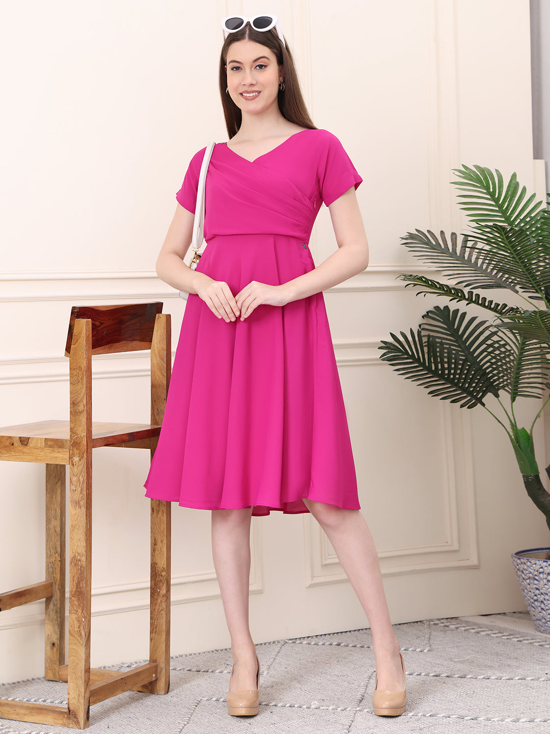 Exude Intrepid V-Neck Front Pleat Dress with Pockets Fuchsia Dresses