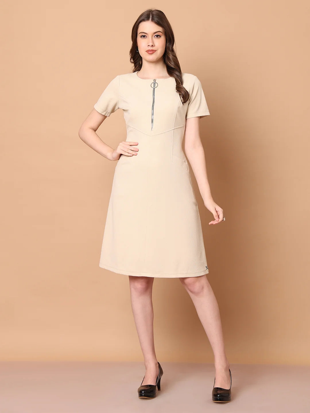 Exude Celebration A-line Zip Dress With Pockets Beige Dresses