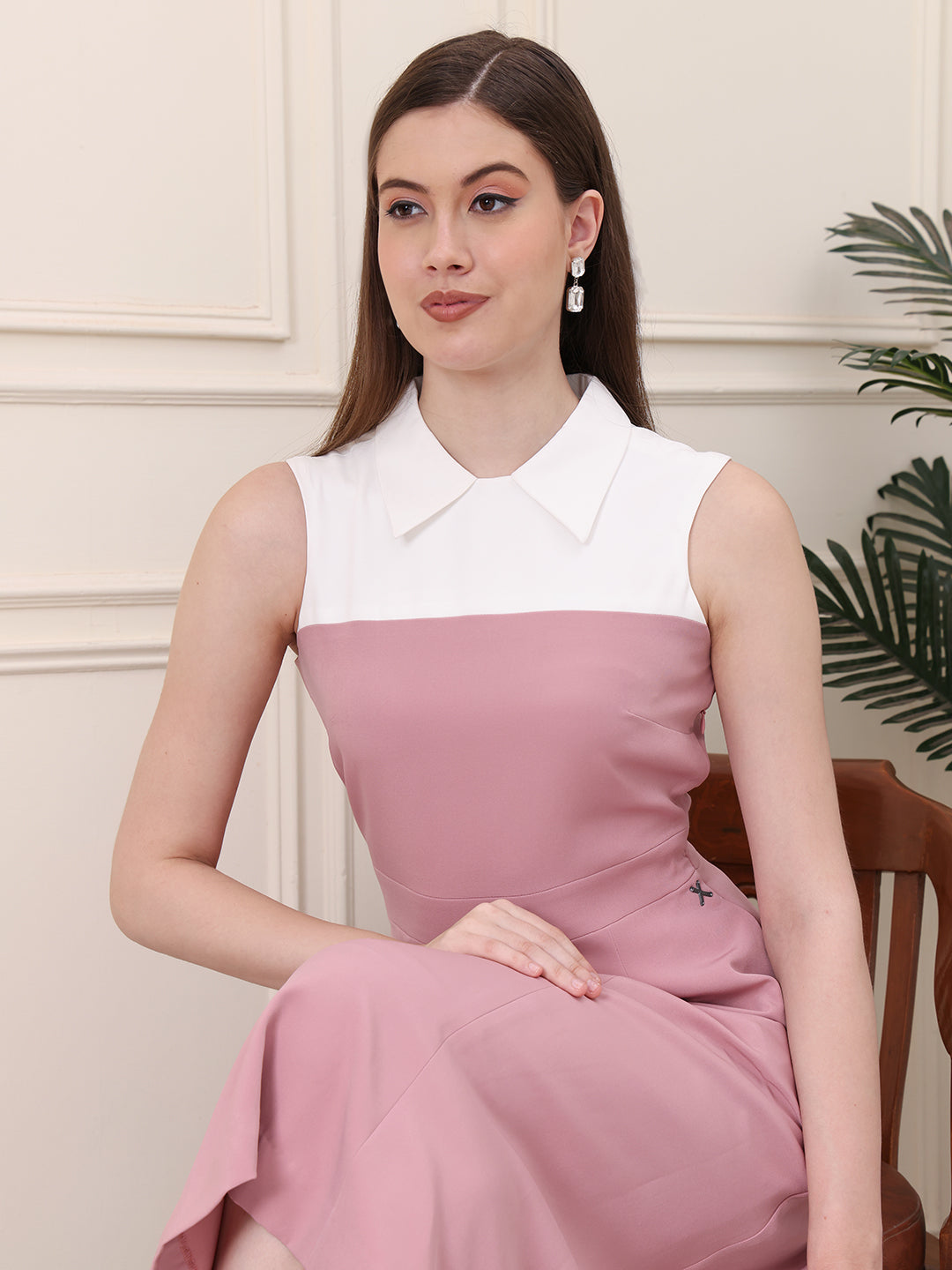 Exude Bronzed Color Block Dress With Collar Blush Pink Dresses