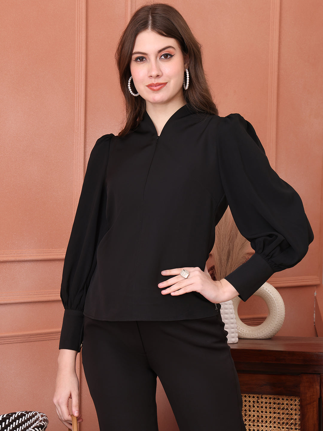 Exude Whimsical Wonders Dramatic Puff Sleeve Top with Front Zip Black Tops