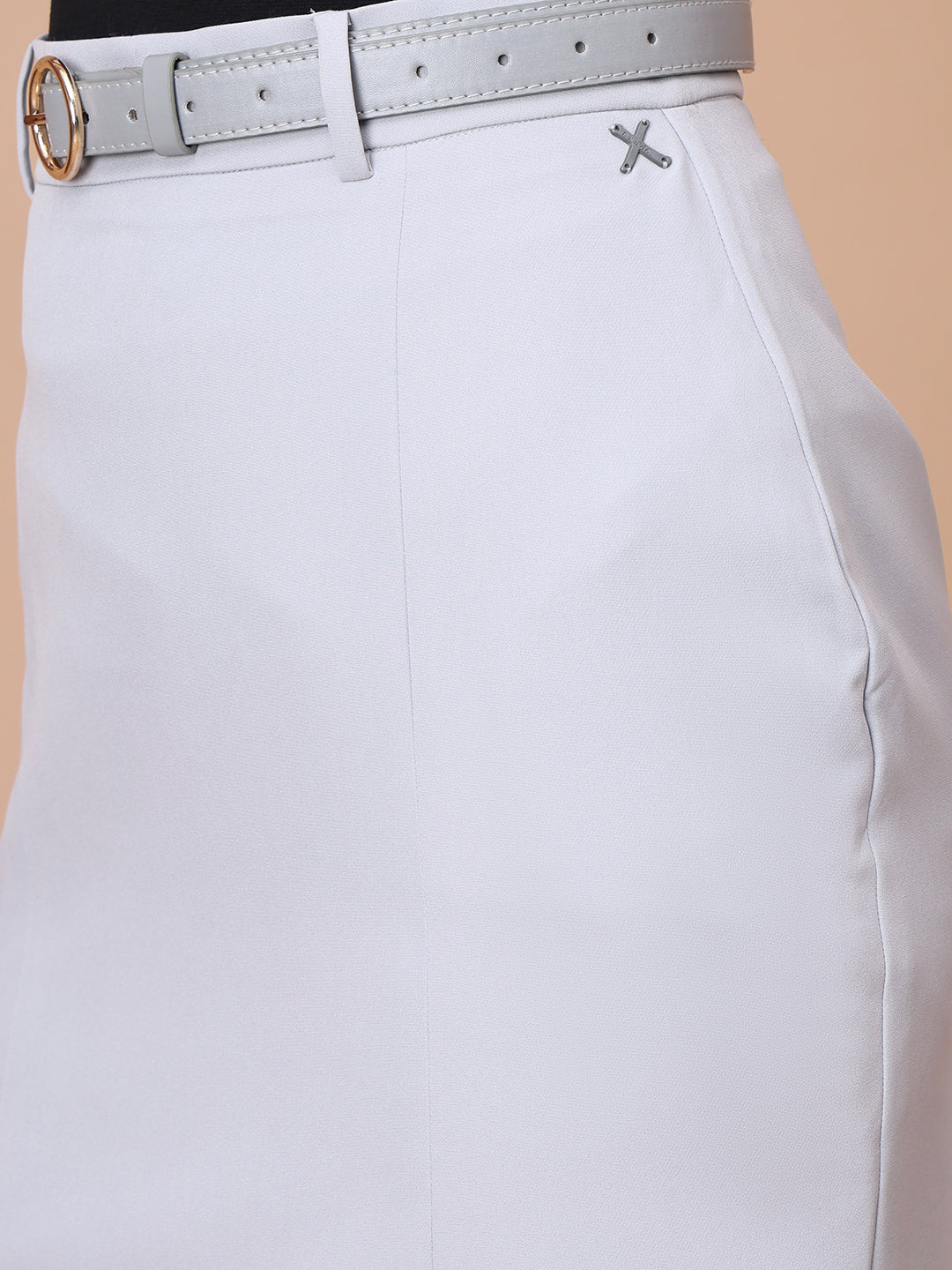 Exude Courageous Spirit Knee Length Front Slit Skirt with Belt Grey Skirt