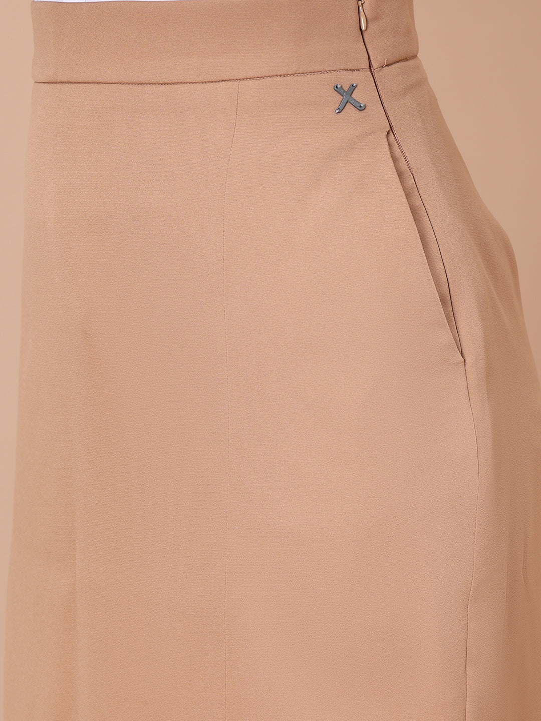 Exude Unstoppable Grace Midi Skirt With Front Slit Beige Skirt