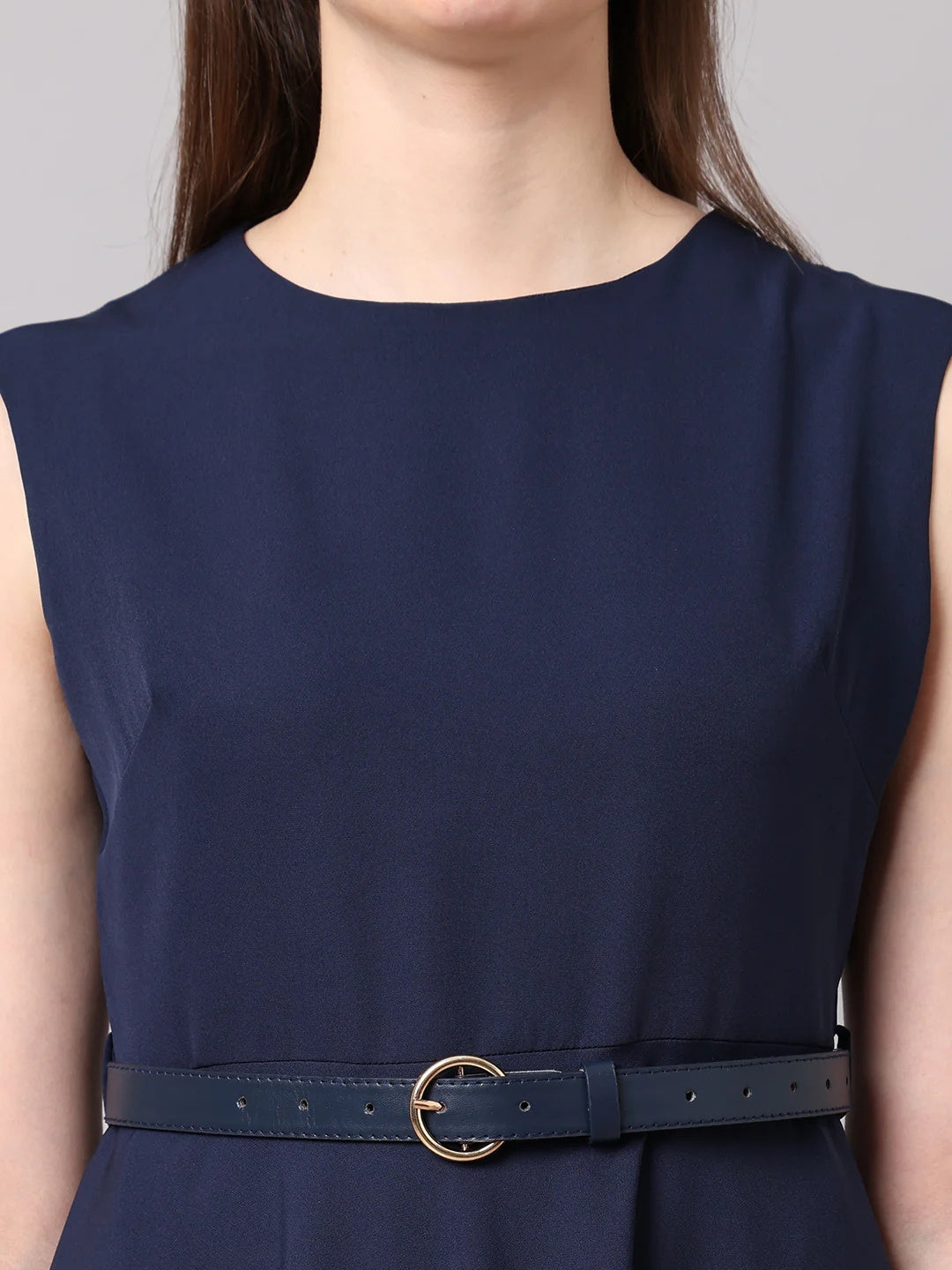 Exude Warmth Fit & Flare Dress with Belt Navy Dresses