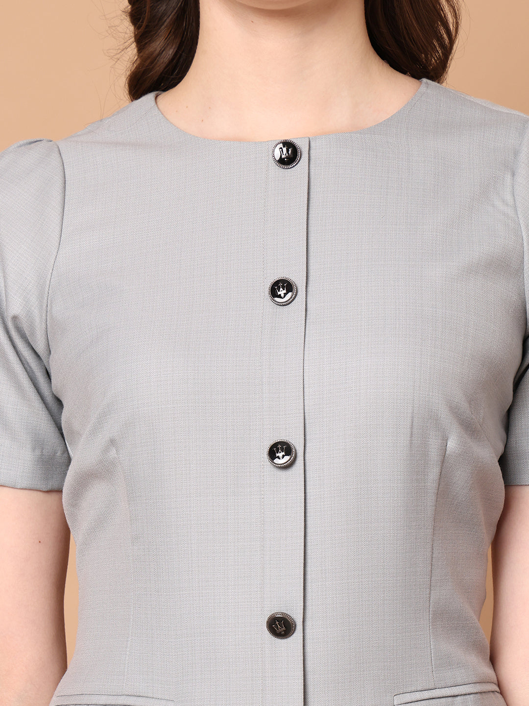 Exude Chic Revolution Suiting Fabric Front Button Shift Dress Grey Dresses