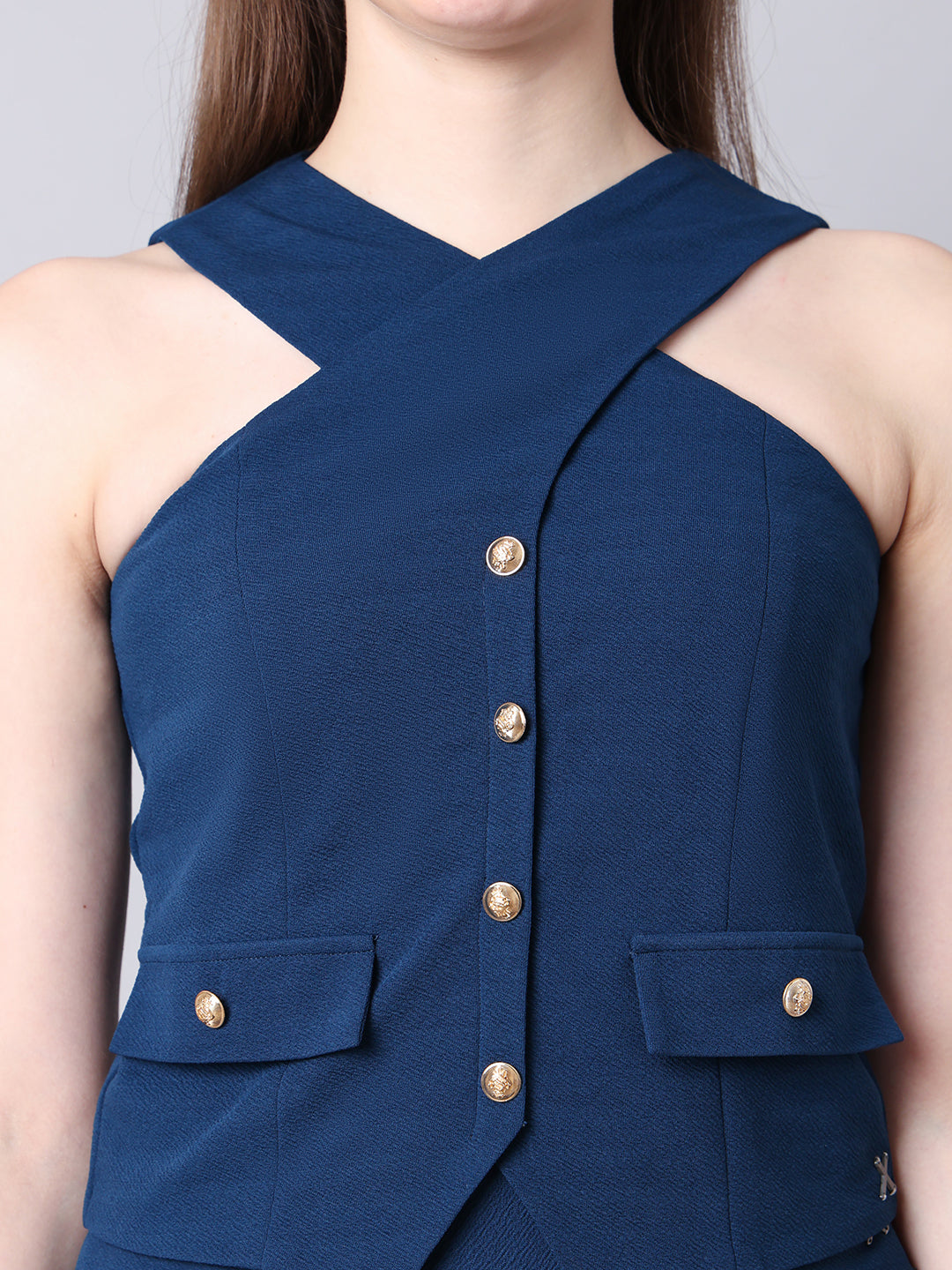 Exude Sophistication Cross Design Halter Top Blue Tops