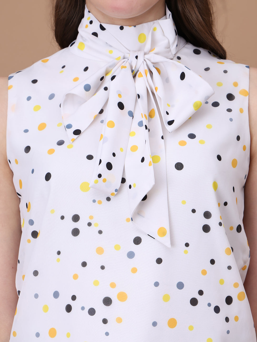 Exude Graceful Threads Sleeveless Polka Top with Front Tie Tops