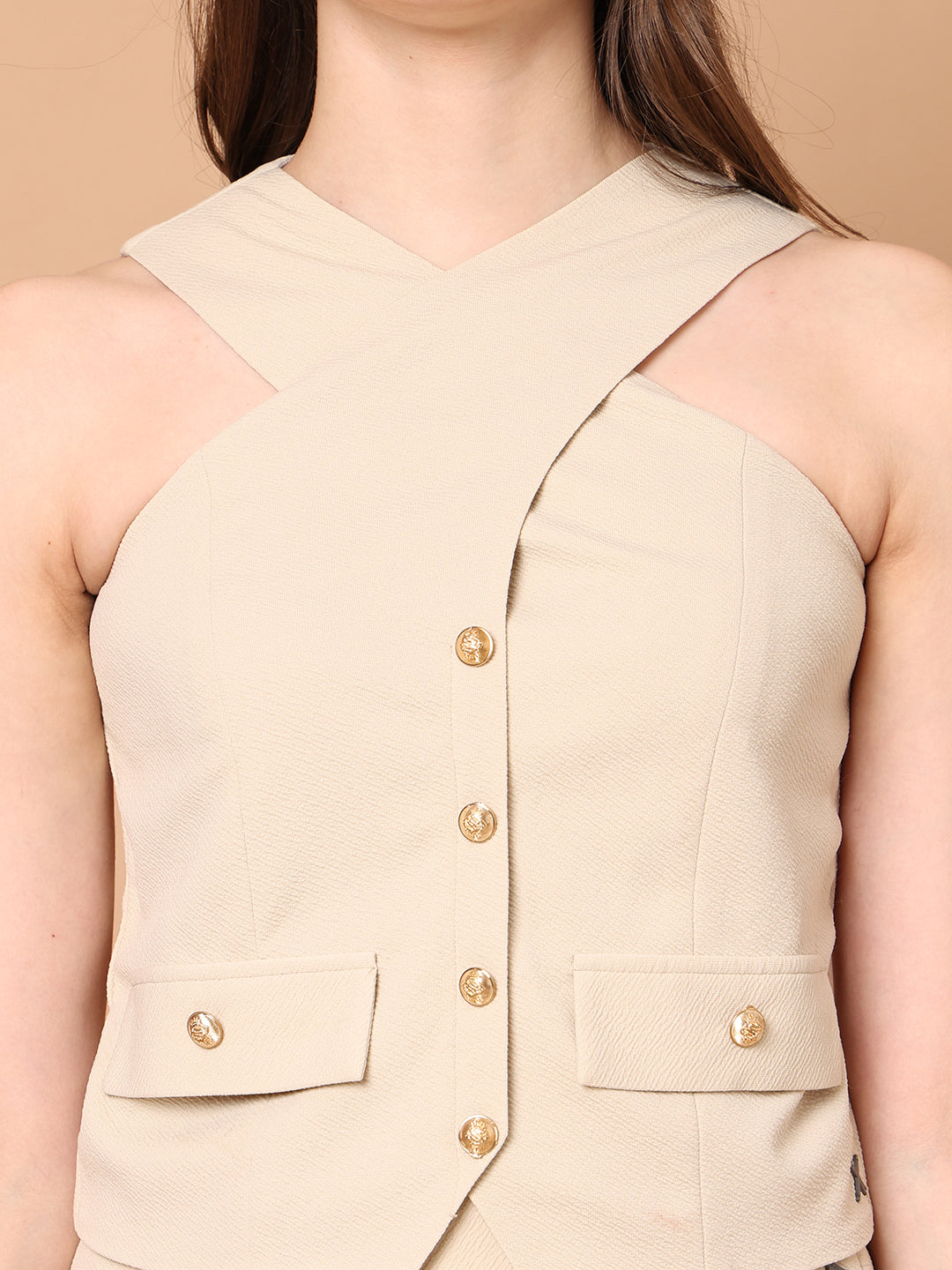 Exude Sophistication Cross Design Halter Top Beige 