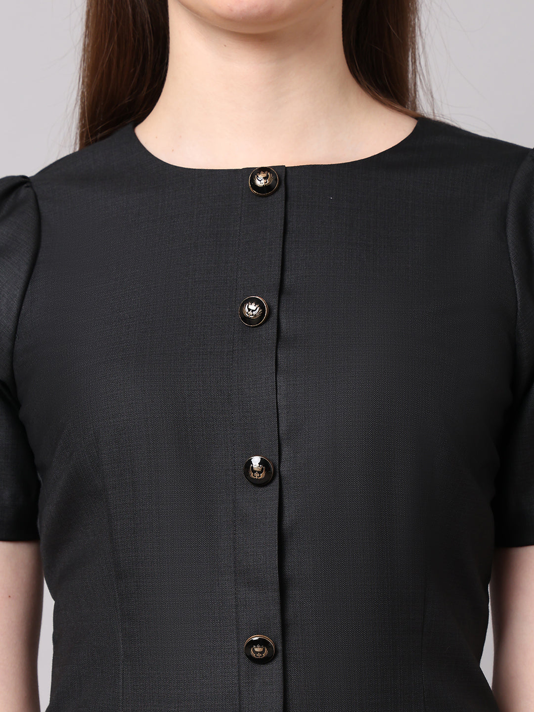 Exude Chic Revolution Suiting Fabric Front Button Shift Dress Black Dresses