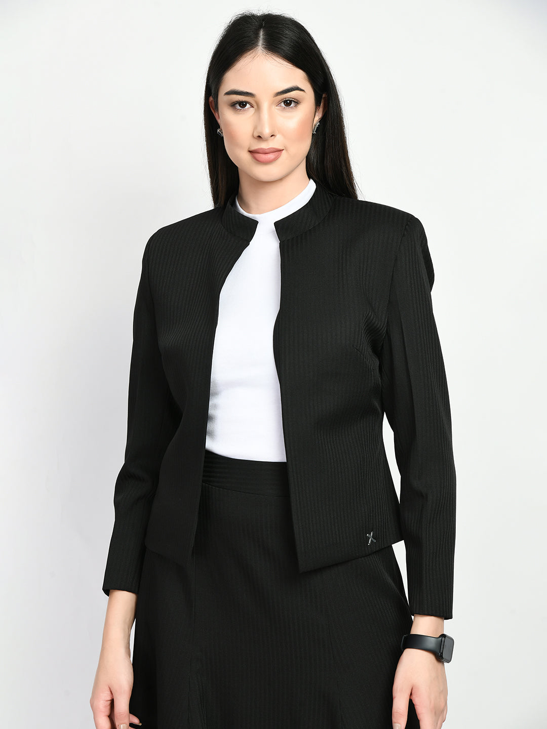 Exude Power Striped Mandarin Collar Short Blazer Black Blazers