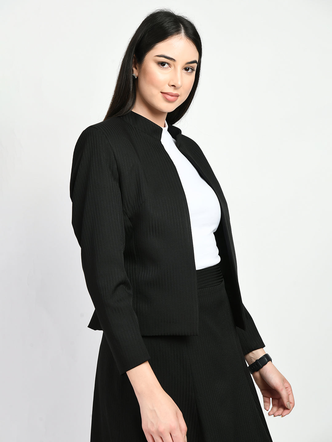 Exude Power Striped Mandarin Collar Short Blazer Black Blazers