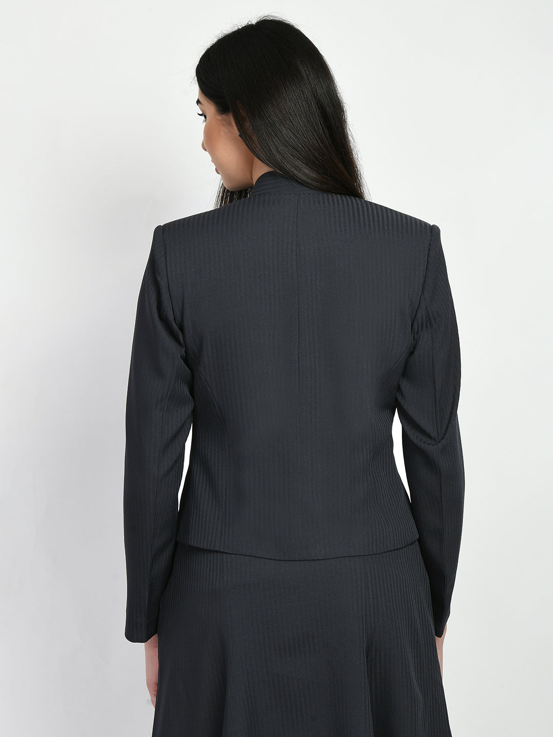 Exude Power Striped Mandarin Collar Short Blazer Navy Blazers